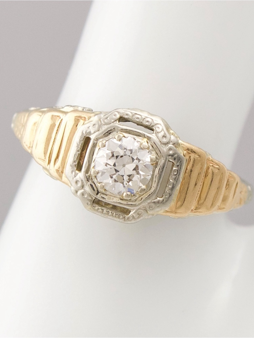 Vintage Art Deco Diamond Ring Two Tone 18K Gold Transitional Cut Size 7.5